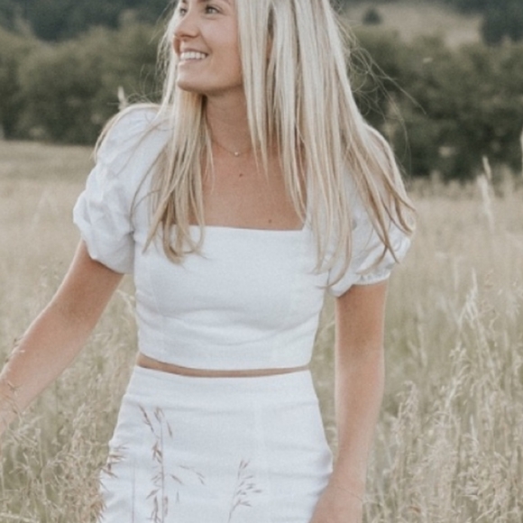 REFORMATION White Square Neck Puff Sleeves Linen Short Sleeves Top 10 - Picture 2 of 7